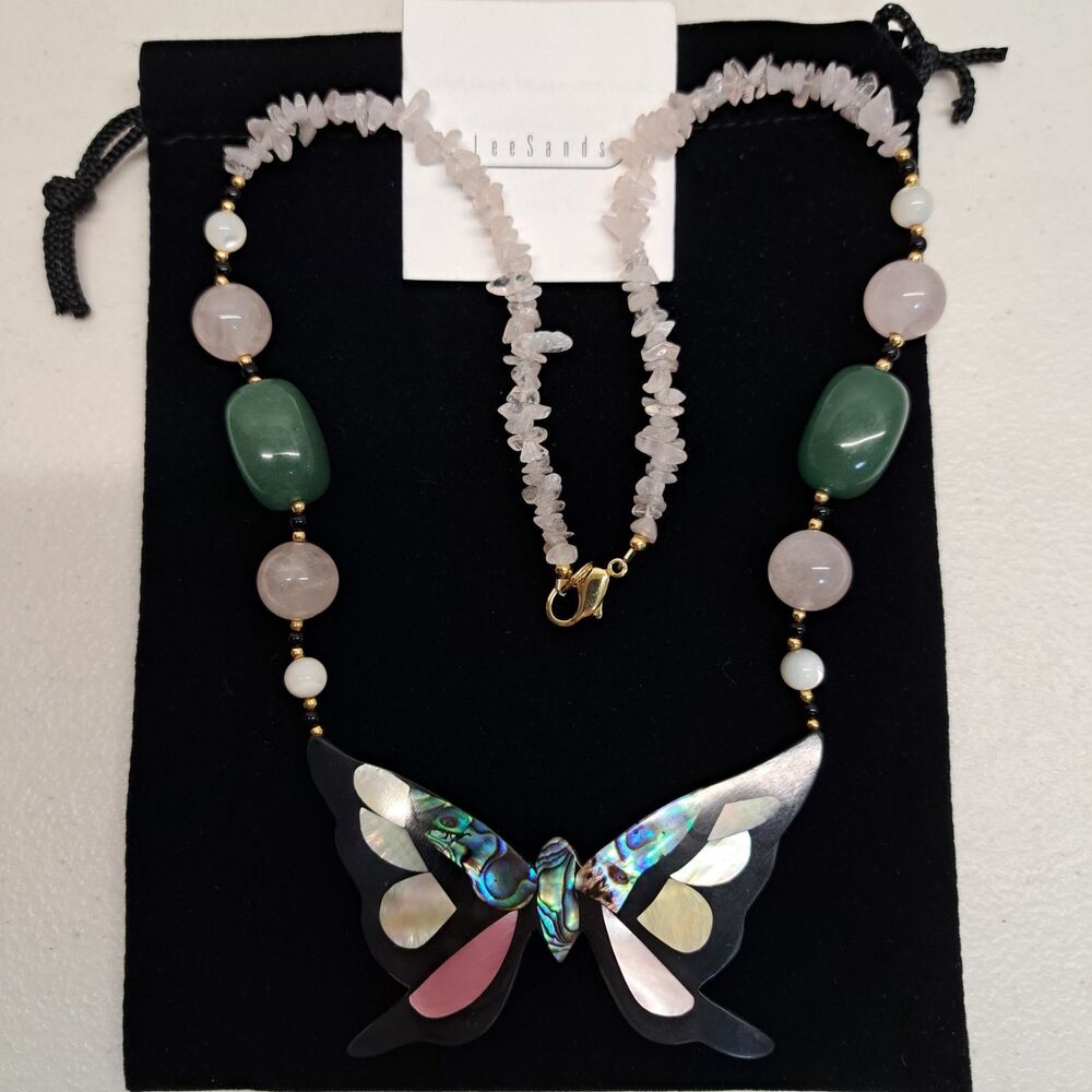 Vintage Lee Sands Abalone Inlay Butterfly Necklace Rose Quarts Jade Bead 18"
